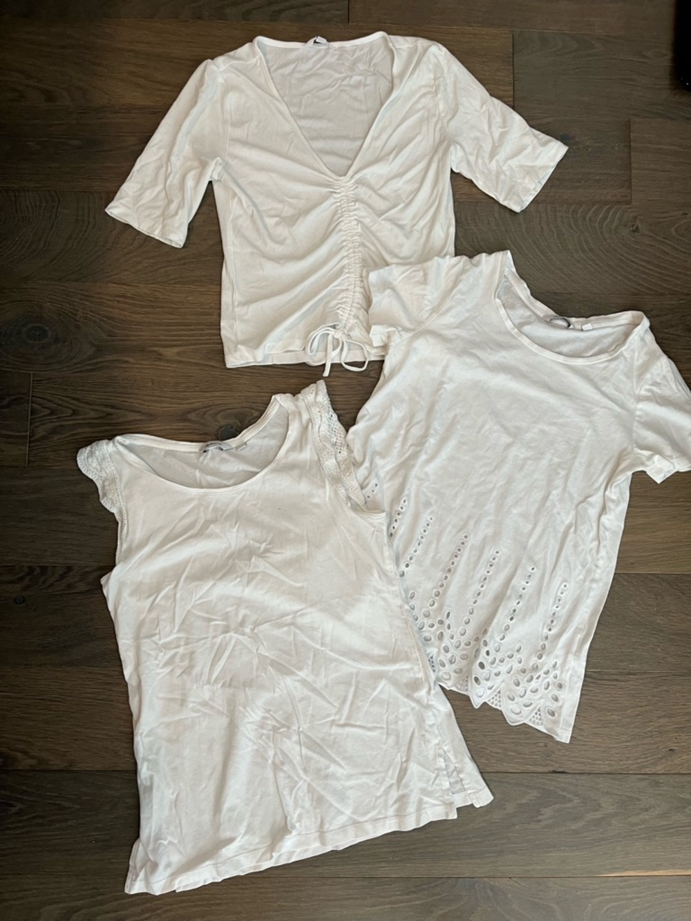 Reitmans White Short Sleeve Tee Trio with Ruched V-Neck and Eyelet Details